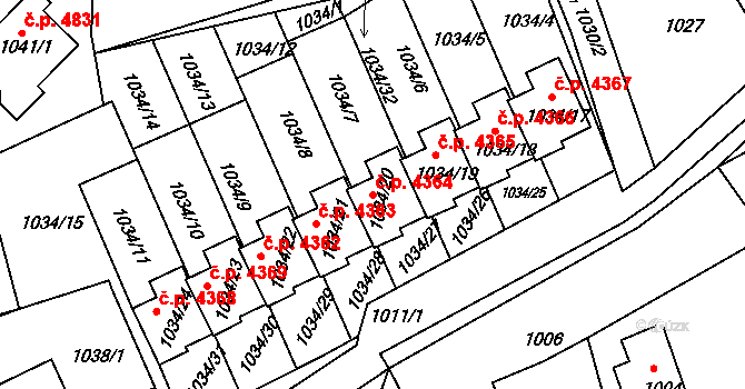 Mšeno nad Nisou 4364, Jablonec nad Nisou na parcele st. 1034/20 v KÚ Mšeno nad Nisou, Katastrální mapa