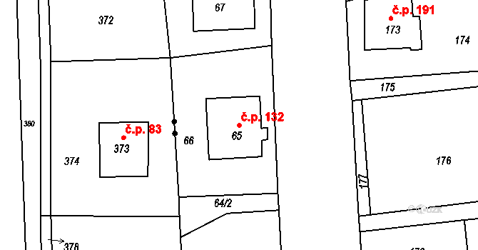 Červený Kříž 132, Jihlava na parcele st. 65 v KÚ Antonínův Důl, Katastrální mapa