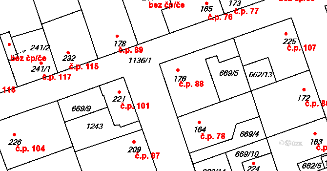 Olšany 88, Brandýsek na parcele st. 176 v KÚ Brandýsek, Katastrální mapa