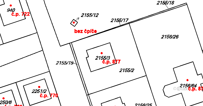 Lužice 877 na parcele st. 2155/3 v KÚ Lužice u Hodonína, Katastrální mapa