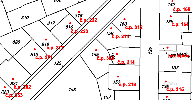 Hřebeč 308 na parcele st. 155 v KÚ Hřebeč, Katastrální mapa
