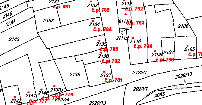 Slavíkovice 782, Rousínov na parcele st. 2136 v KÚ Rousínov u Vyškova, Katastrální mapa
