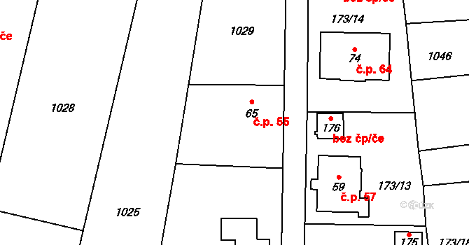Radimovice 55 na parcele st. 65 v KÚ Radimovice u Sychrova, Katastrální mapa