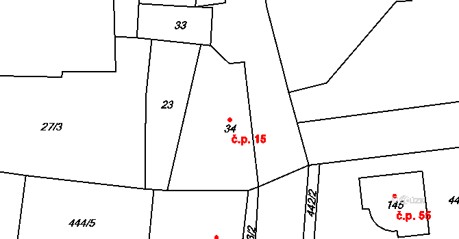 Sudoměř 15 na parcele st. 34 v KÚ Sudoměř, Katastrální mapa
