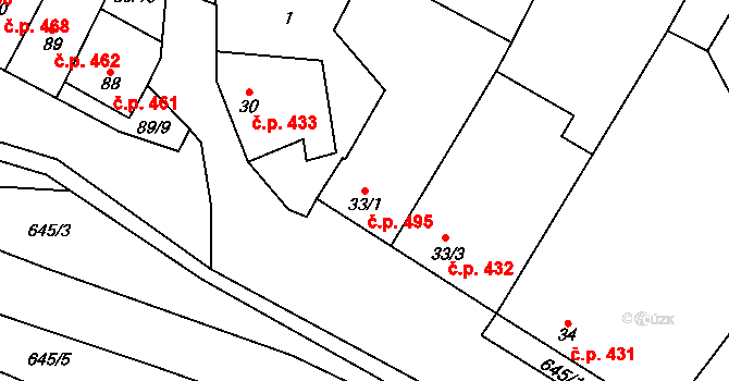 Chvalčov 495 na parcele st. 33/1 v KÚ Chvalčova Lhota, Katastrální mapa