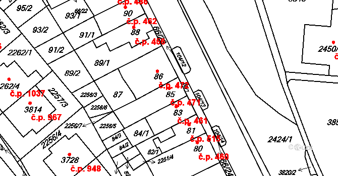 Komín 471, Brno na parcele st. 85 v KÚ Komín, Katastrální mapa