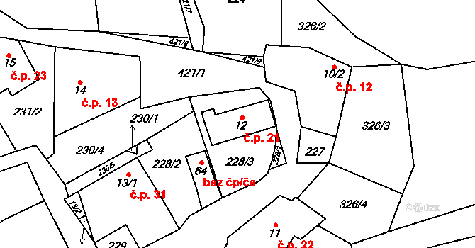 Lhota u Olešnice 21 na parcele st. 12 v KÚ Lhota u Olešnice, Katastrální mapa