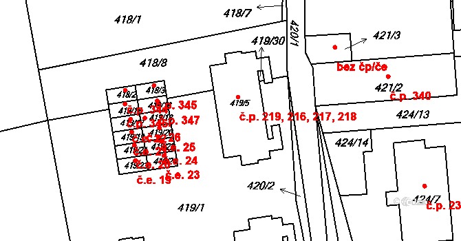 Čekanice 216,217,218,219, Tábor na parcele st. 419/5 v KÚ Čekanice u Tábora, Katastrální mapa