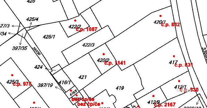 Pelhřimov 1141 na parcele st. 420/2 v KÚ Pelhřimov, Katastrální mapa