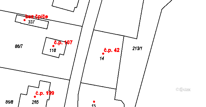 Hradešín 42 na parcele st. 14 v KÚ Hradešín, Katastrální mapa