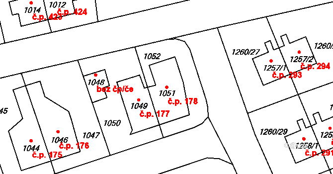 Vinoř 178, Praha na parcele st. 1051 v KÚ Vinoř, Katastrální mapa