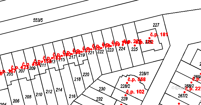 Střížkov 109, Praha na parcele st. 222 v KÚ Střížkov, Katastrální mapa