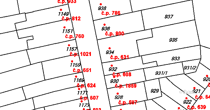 Šlapanice 631 na parcele st. 934 v KÚ Šlapanice u Brna, Katastrální mapa
