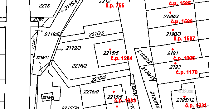 Šlapanice 1234 na parcele st. 2215/5 v KÚ Šlapanice u Brna, Katastrální mapa