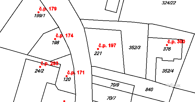 Plaňany 197 na parcele st. 221 v KÚ Plaňany, Katastrální mapa
