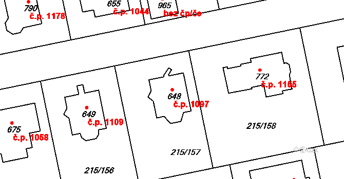Rudná 1097 na parcele st. 648 v KÚ Hořelice, Katastrální mapa