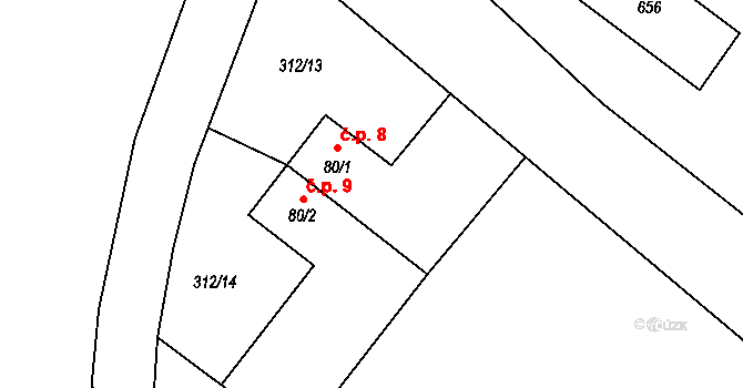 Vlčkovice 9, Neustupov na parcele st. 80/2 v KÚ Broumovice, Katastrální mapa