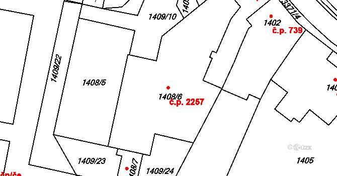 Pelhřimov 2257 na parcele st. 1408/6 v KÚ Pelhřimov, Katastrální mapa