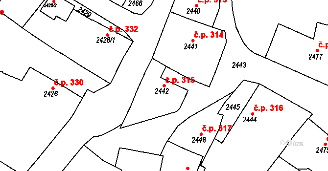 Jemnice 315 na parcele st. 2442 v KÚ Jemnice, Katastrální mapa
