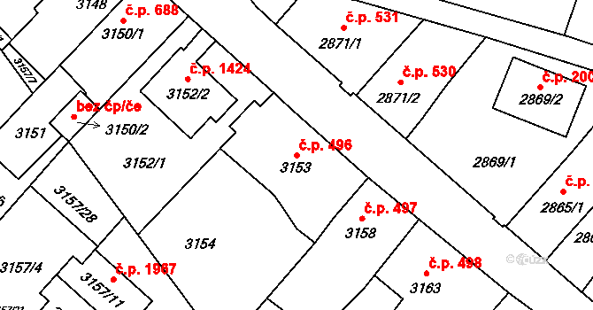 Hlučín 496 na parcele st. 3153 v KÚ Hlučín, Katastrální mapa
