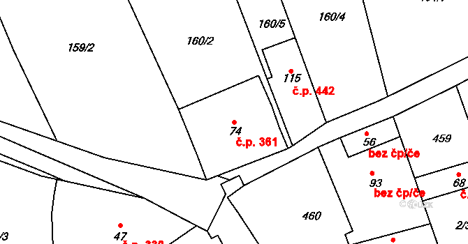Javorovec 361, Mistřice na parcele st. 74 v KÚ Javorovec, Katastrální mapa