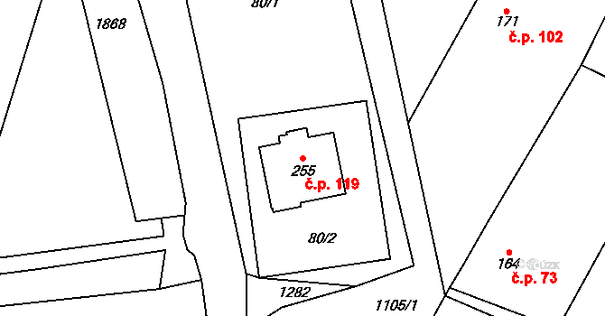 Zlámanec 119 na parcele st. 255 v KÚ Zlámanec, Katastrální mapa