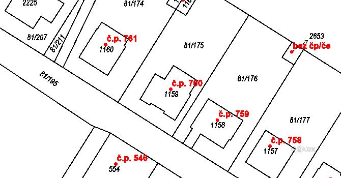 Lobeček 760, Kralupy nad Vltavou na parcele st. 1159 v KÚ Lobeček, Katastrální mapa