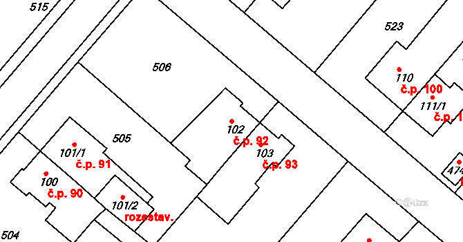 Hrádek 92 na parcele st. 102 v KÚ Hrádek u Rokycan, Katastrální mapa