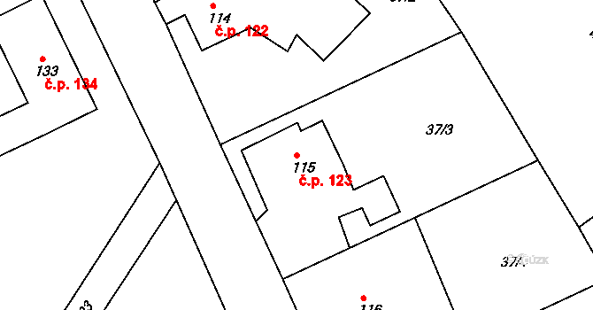 Šonov u Nového Města nad Metují 123, Provodov-Šonov na parcele st. 115 v KÚ Šonov u Nového Města nad Metují, Katastrální mapa