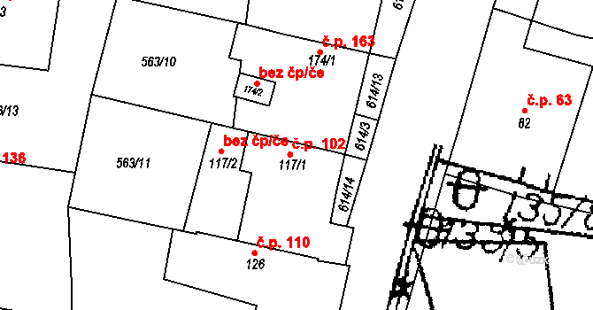 Krušovice 102 na parcele st. 117/1 v KÚ Krušovice, Katastrální mapa