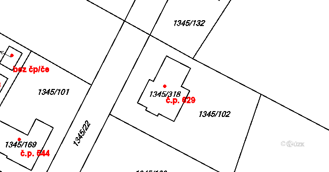 Pokratice 629, Litoměřice na parcele st. 1345/318 v KÚ Pokratice, Katastrální mapa