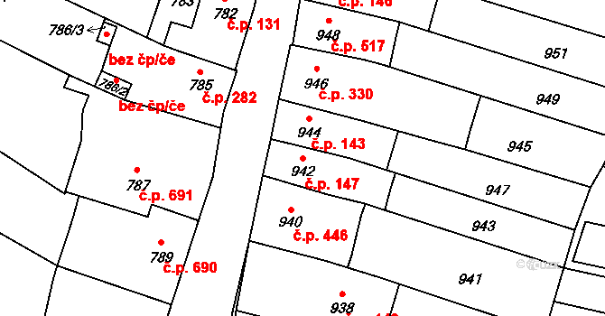 Koryčany 147 na parcele st. 942 v KÚ Koryčany, Katastrální mapa