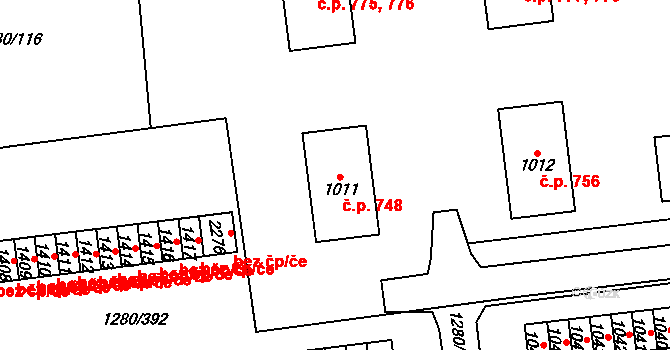 Dobřany 748 na parcele st. 1011 v KÚ Dobřany, Katastrální mapa