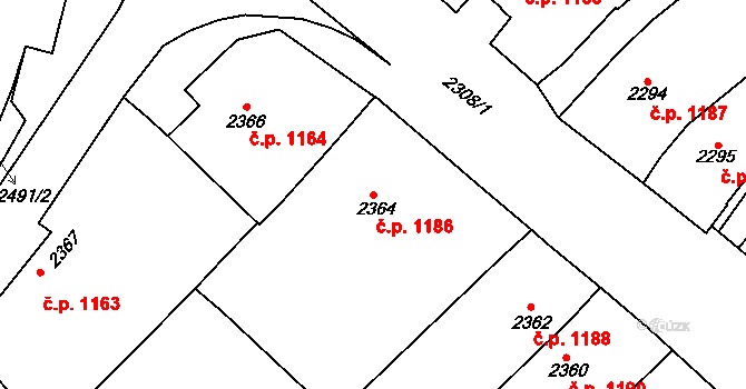 Rakšice 1186, Moravský Krumlov na parcele st. 2364 v KÚ Moravský Krumlov, Katastrální mapa