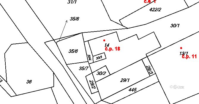 Popovice 18, Teplá na parcele st. 14 v KÚ Popovice u Poutnova, Katastrální mapa