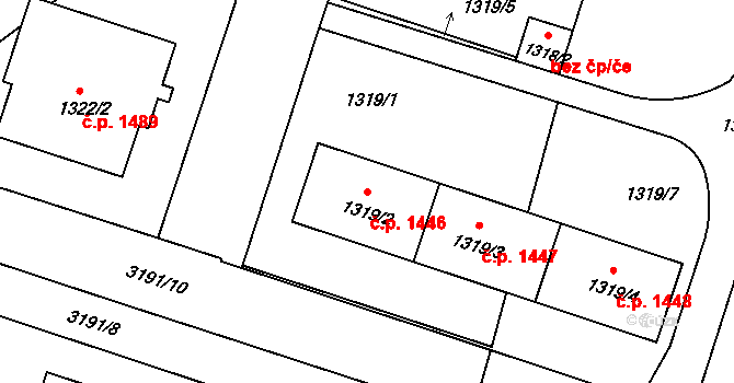 Čelákovice 1446 na parcele st. 1319/2 v KÚ Čelákovice, Katastrální mapa