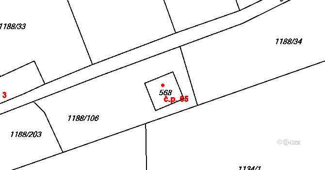 Hrčava 65 na parcele st. 568 v KÚ Hrčava, Katastrální mapa
