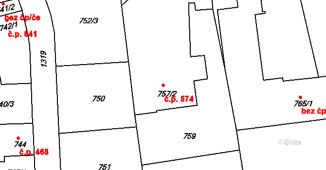 Tuchlovice 574 na parcele st. 757/2 v KÚ Tuchlovice, Katastrální mapa