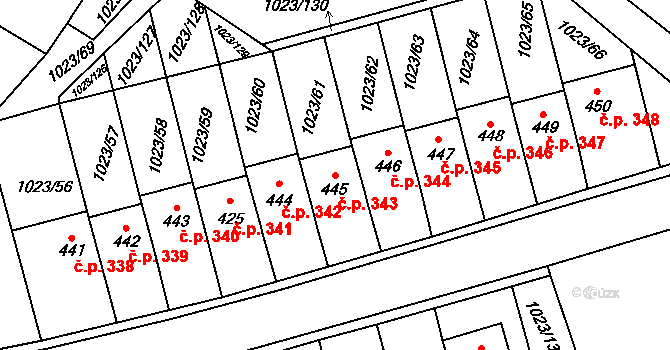Lomnice 343 na parcele st. 445 v KÚ Lomnice u Tišnova, Katastrální mapa