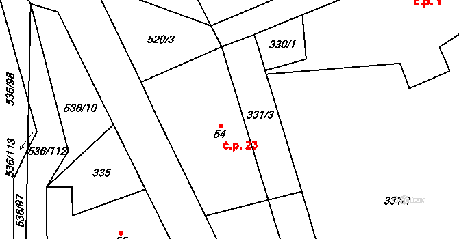 Homyle 23, Boharyně na parcele st. 54 v KÚ Boharyně, Katastrální mapa
