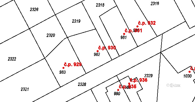 Třebechovice pod Orebem 930 na parcele st. 982 v KÚ Třebechovice pod Orebem, Katastrální mapa