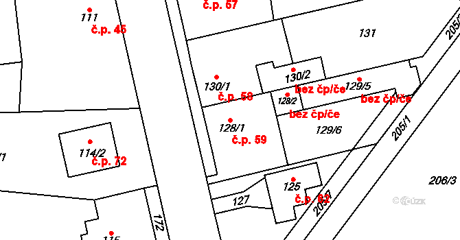Břuchotín 59, Křelov-Břuchotín na parcele st. 128/1 v KÚ Břuchotín, Katastrální mapa