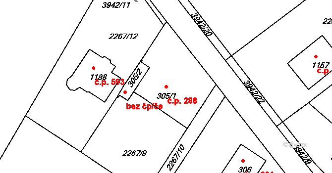Borovany 288 na parcele st. 305/1 v KÚ Borovany, Katastrální mapa