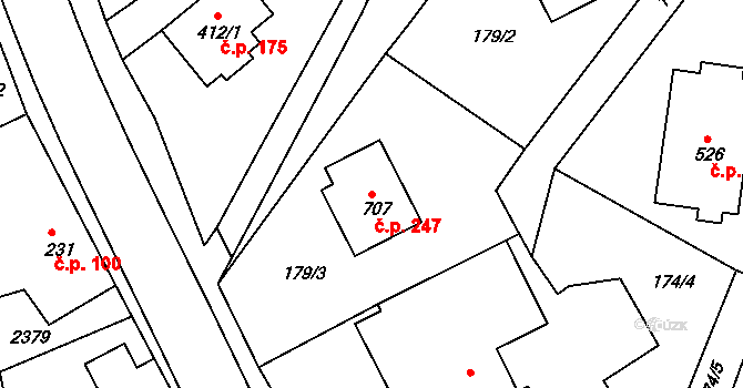 Horní Lideč 247 na parcele st. 707 v KÚ Horní Lideč, Katastrální mapa