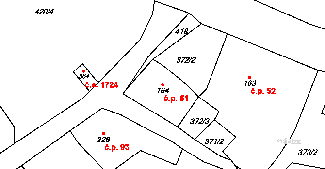 Děčín XXVII-Březiny 51, Děčín na parcele st. 164 v KÚ Březiny u Děčína, Katastrální mapa