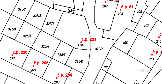 Mohelno 223 na parcele st. 244/2 v KÚ Mohelno, Katastrální mapa
