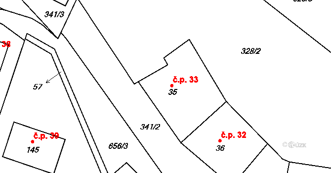 Sokolí 33, Třebíč na parcele st. 35 v KÚ Sokolí, Katastrální mapa