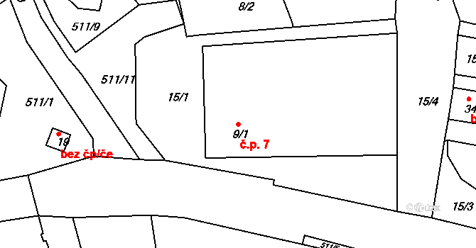 Řemenov 7, Olešná na parcele st. 9/1 v KÚ Řemenov, Katastrální mapa