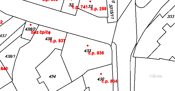 Pelhřimov 836 na parcele st. 433 v KÚ Pelhřimov, Katastrální mapa