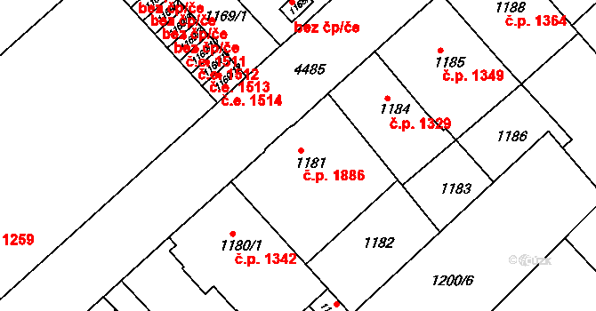 Teplice 1886 na parcele st. 1181 v KÚ Teplice, Katastrální mapa
